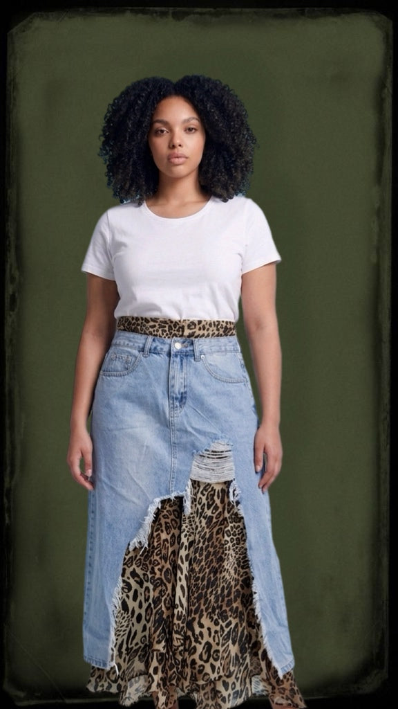 Denim Leopard Print Skirt