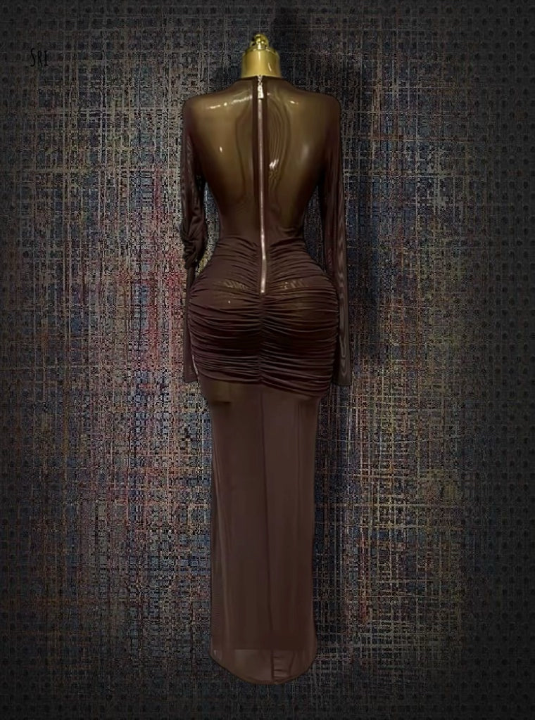 Elegant Brown Mesh Long Sleeve Dress