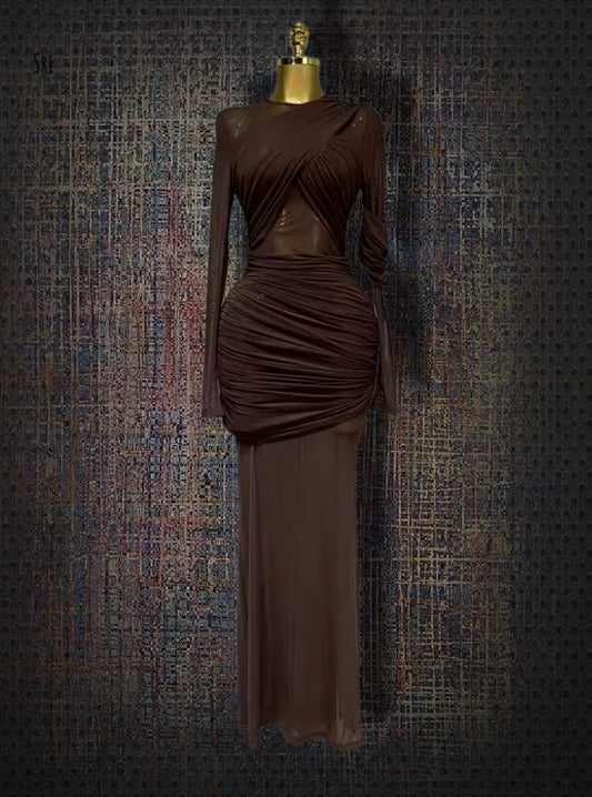 Elegant Brown Mesh Long Sleeve Dress