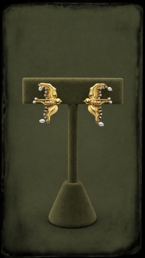 Gold Birds Pearls Earrings