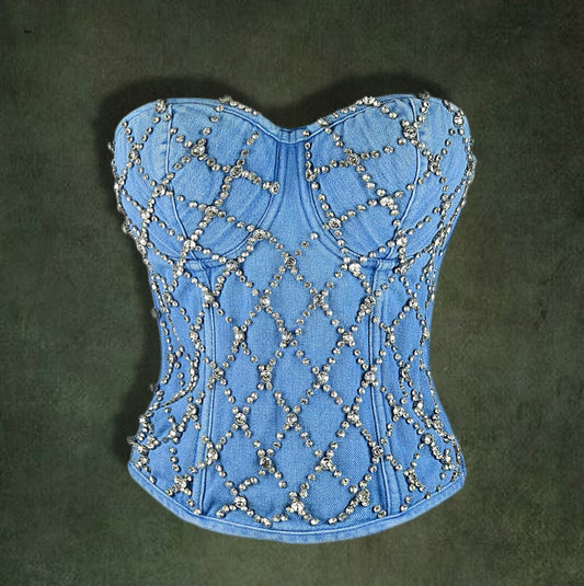 Handcrafted Women's Denim Rhinestone Corset Top