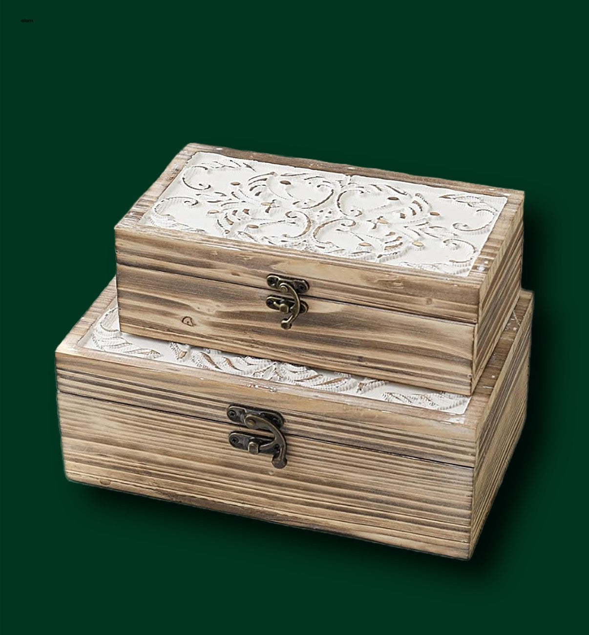 Hand Carved Set Of 2 Boxes