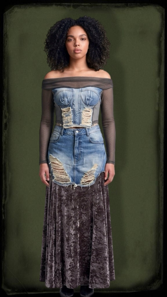 Women's 2 Pcs Long Sleeve Top With Denim Patchwork Skirt