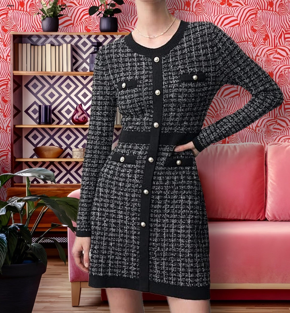 Women’s Tweed Knitted Sweater Dress Pearl Buttons