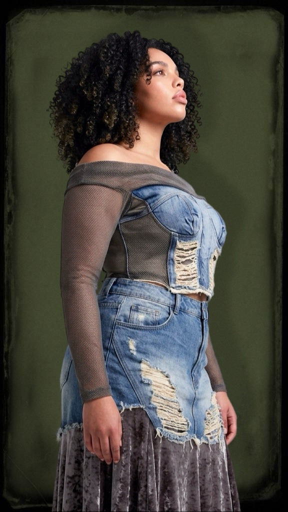 Women's 2 Pcs Long Sleeve Top With Denim Patchwork Skirt