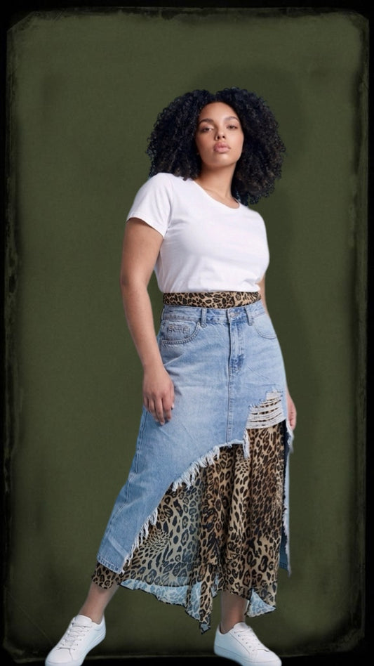 Denim Leopard Print Skirt