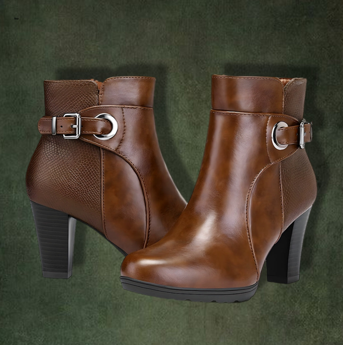 Chunky Stacked Heel Ankle Boots Buckle With Strap