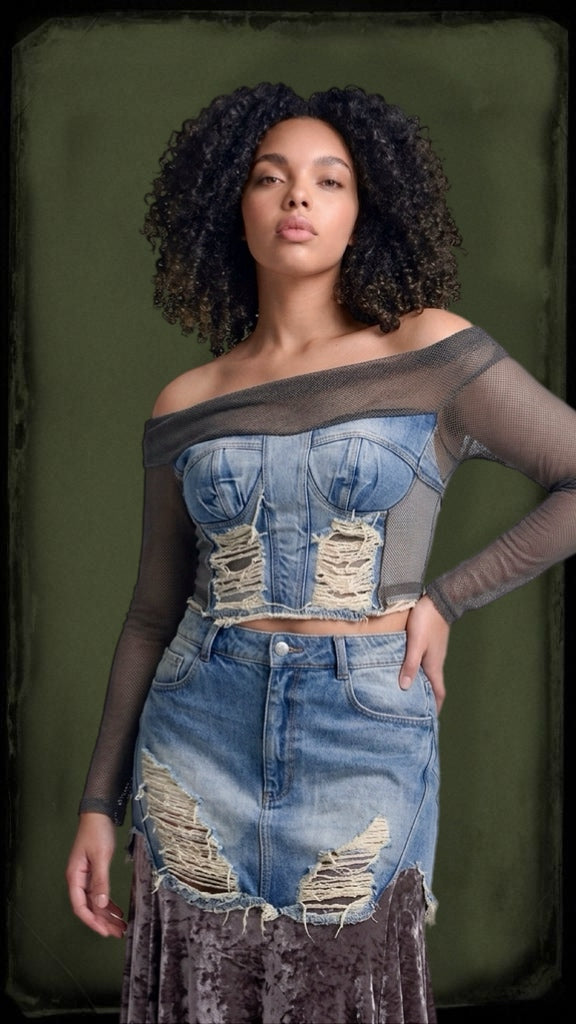 Women's 2 Pcs Long Sleeve Top With Denim Patchwork Skirt