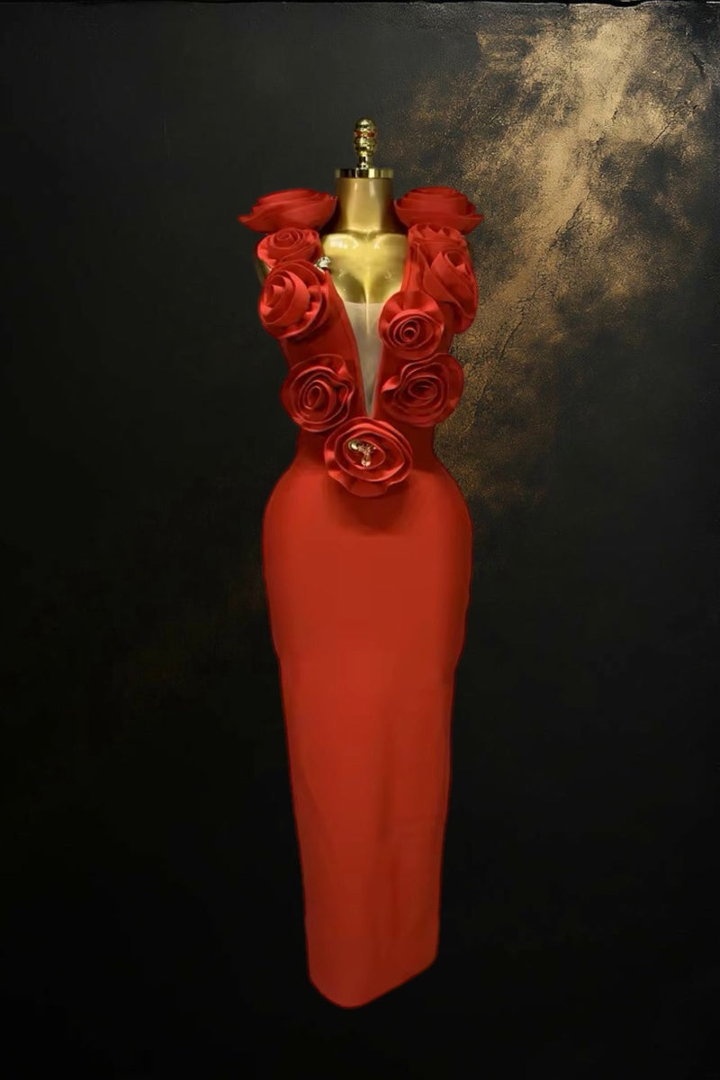 Flower Sleeveless Red Dress