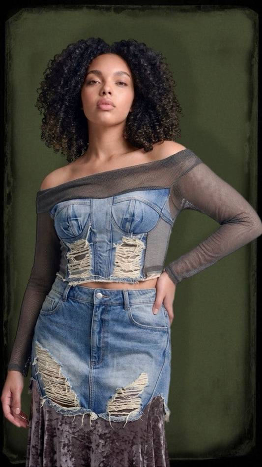 Women's 2 Pcs Long Sleeve Top With Denim Patchwork Skirt