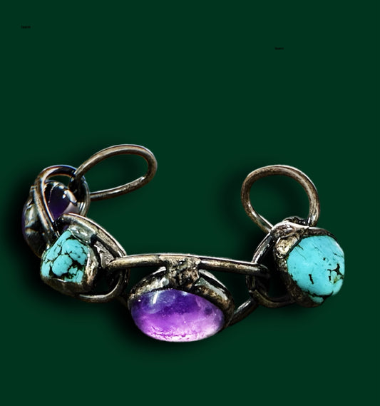 Crystal Amethyst Turquoise Bracelet with Copper Open Bangle