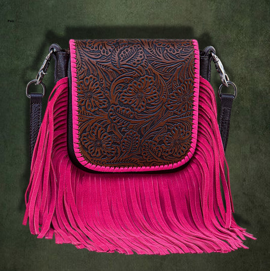 Hand-Carved Leather Fringe Crossbody Purse