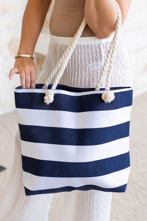 Blue Striped One-Shoulder Zipper Canvas Bag