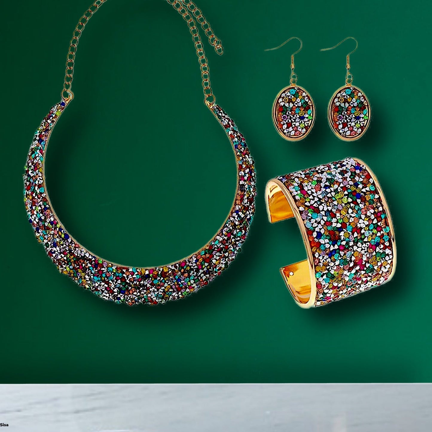 3pcs Colorful Stone Rhinestone Collar Gold Metal Necklace Sets - Sonya's Warehouse