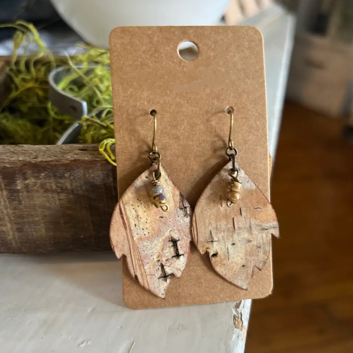 Birch Bark Leaf Earrings with Desert Sand Beads - Sonya's Warehouse
