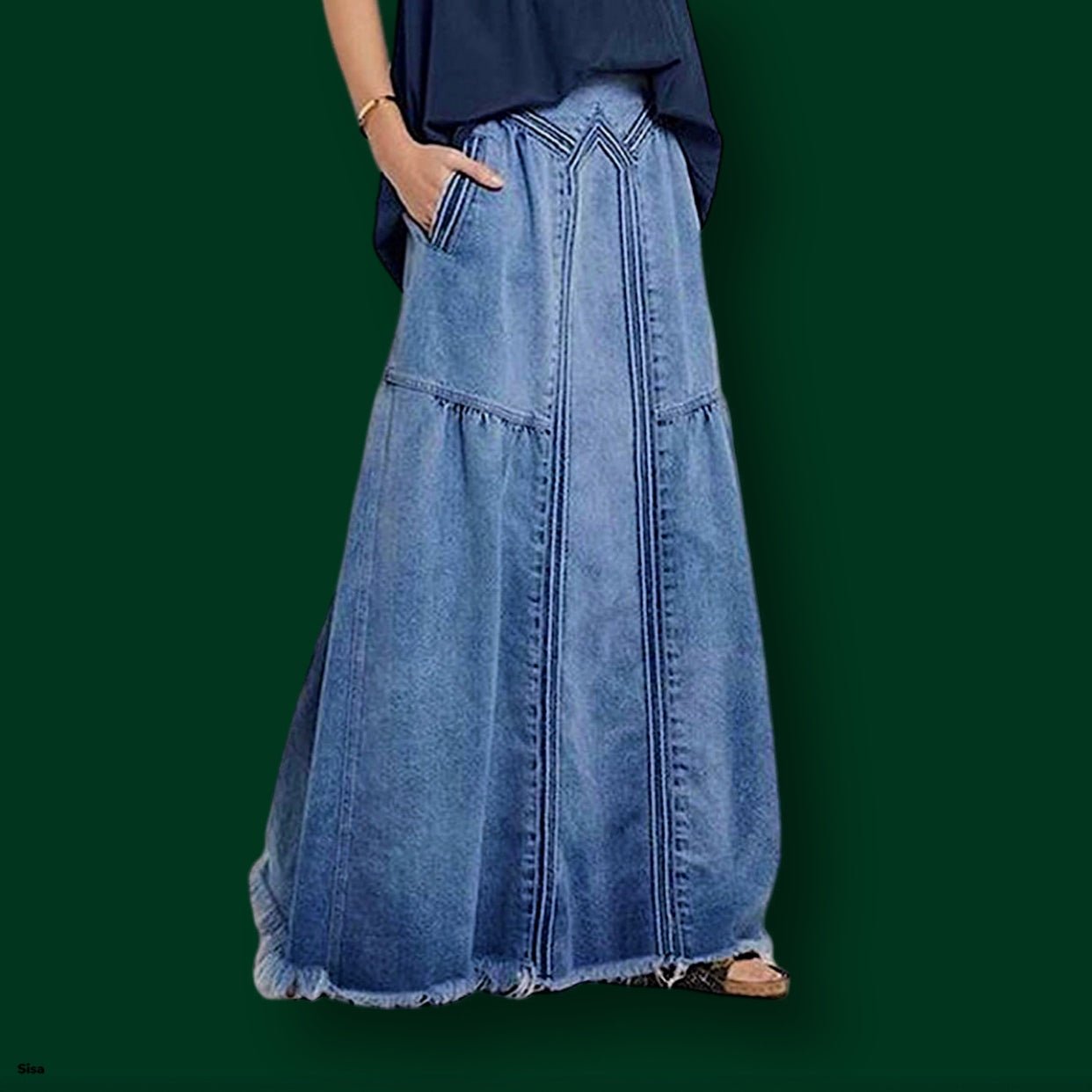 Casual Elastic Waist Frayed Hem A-Line Distressed Hippie Long Maxi Denim Skirt