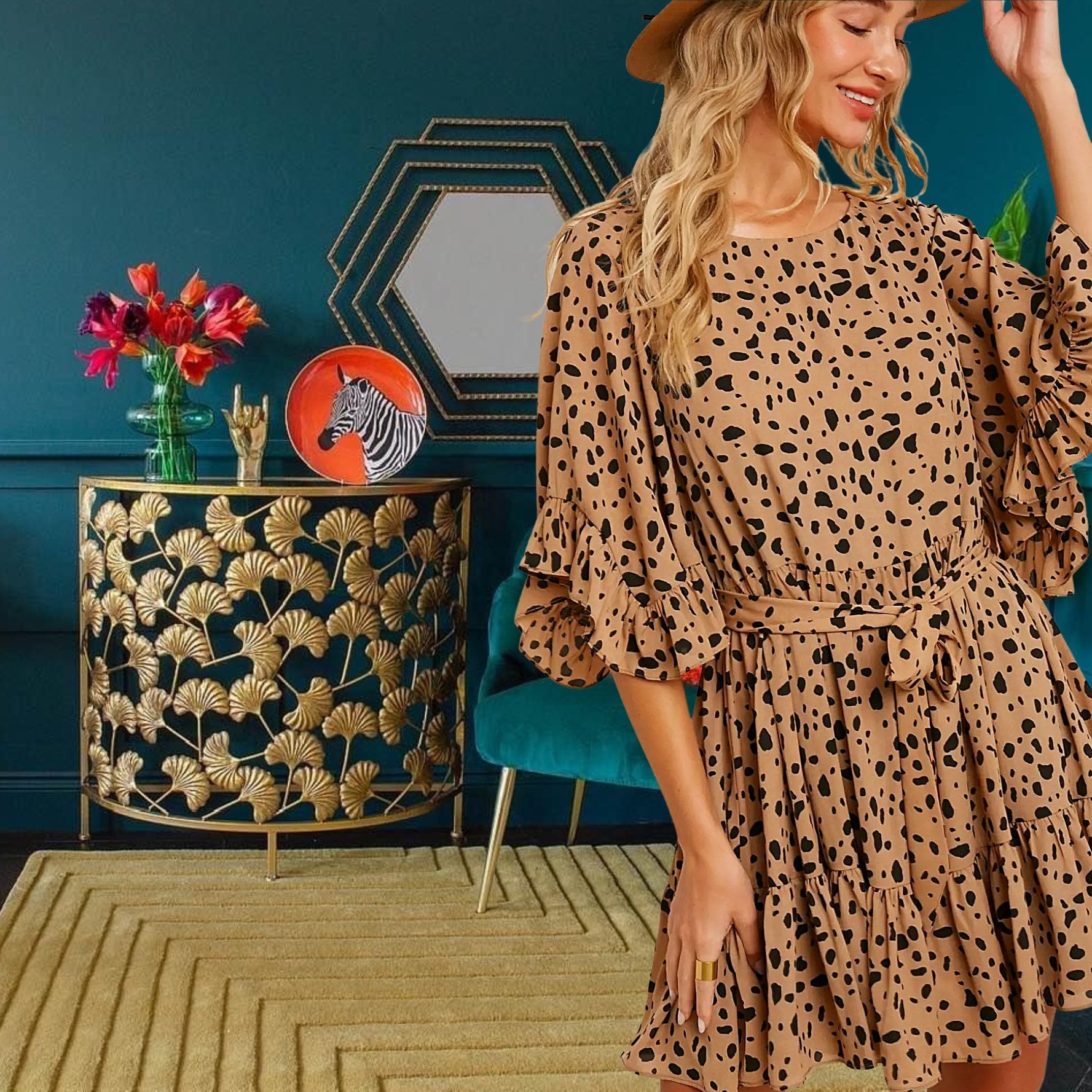 Dalmatian Print Ruffled Sleeves Dress - Sonya's Warehouse