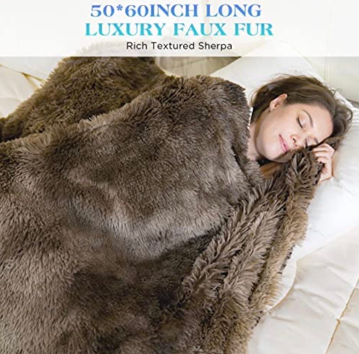 Faux Fur Throw Blanket 50" x 60", Reversible Fuzzy Lightweight Long Hair Shaggy Throw Blanket