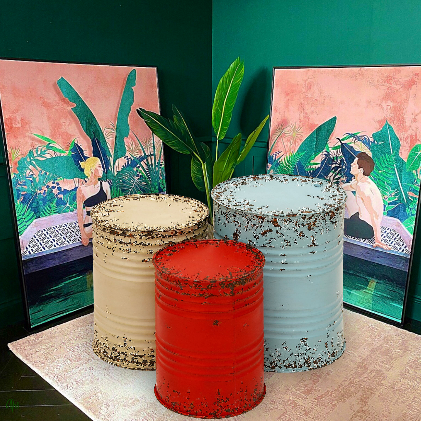 Hand Painted 3 Piece Barrels Side Tables