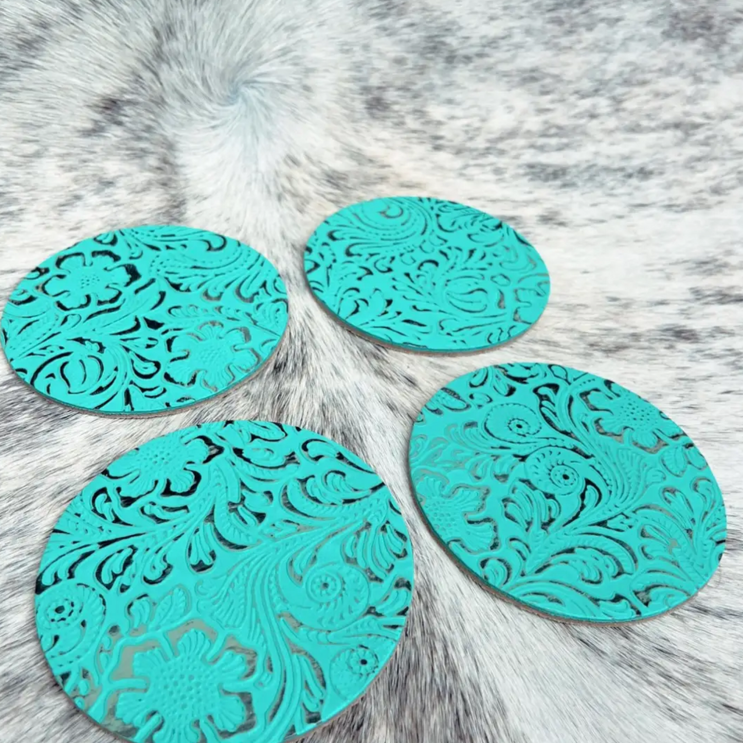Handmade Turquoise Floral Embossed leather coaster - 4pc set