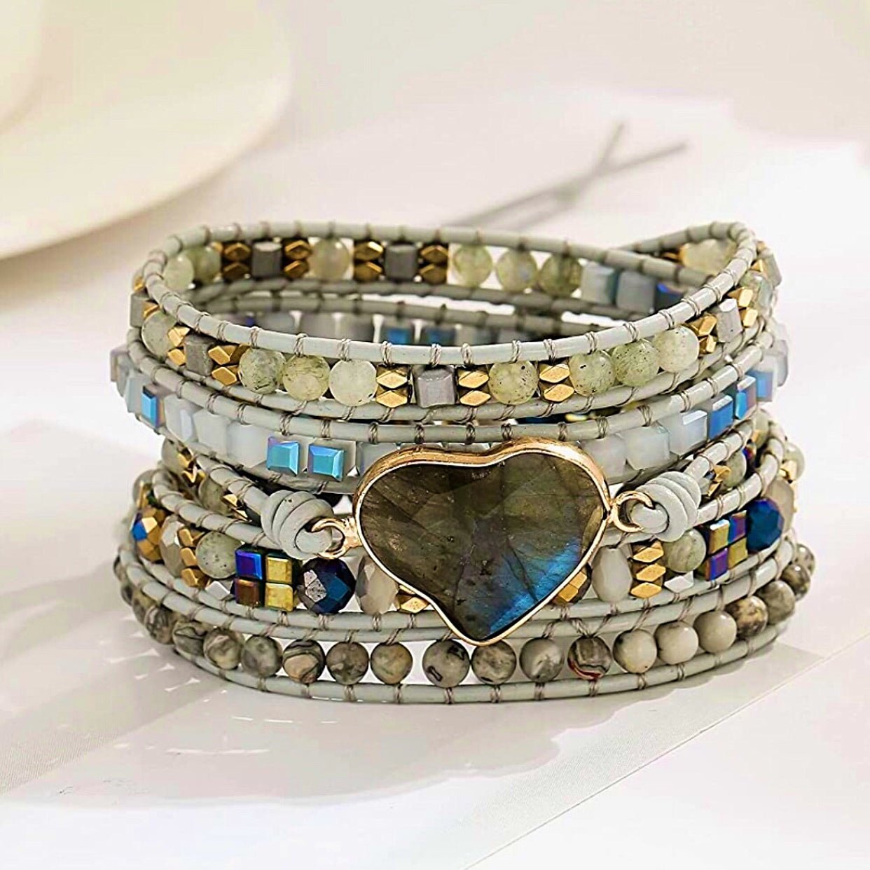 Leather Handmade Natural Stone Crystal Bead Wrap Bracelet - Sonya's Warehouse