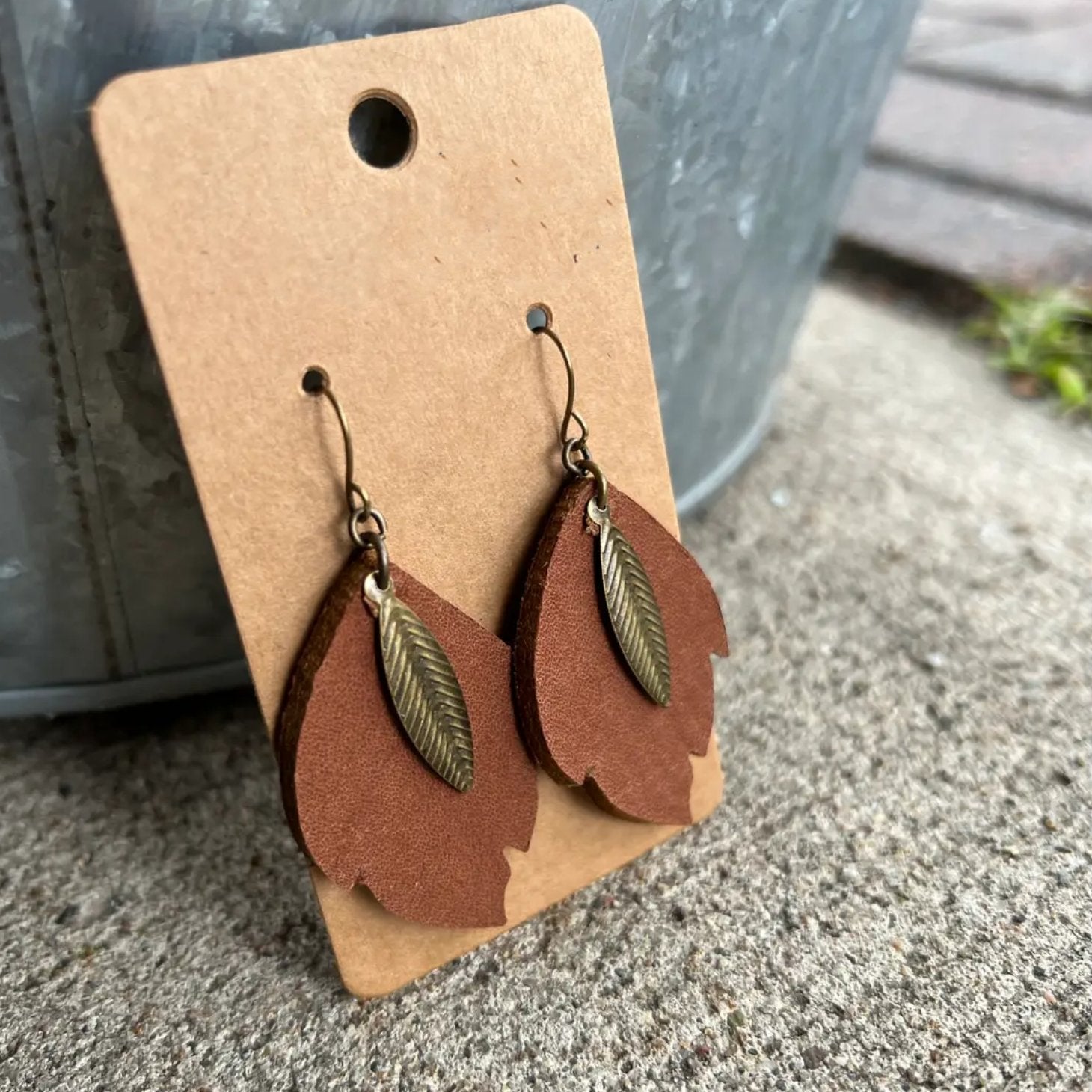 Leather Leaf Earrings with Bronze - Sonya's Warehouse